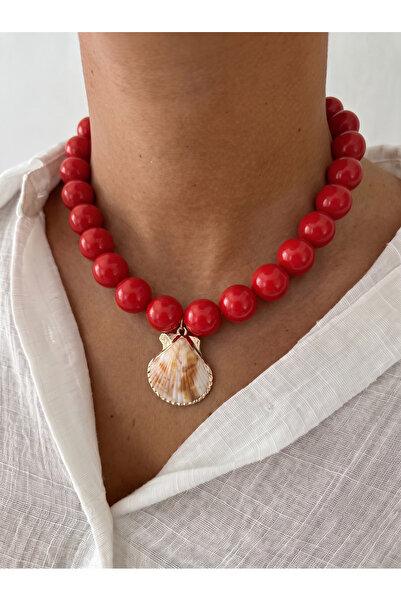 Esdem Accessories Kırmızı İri Boncuklu Doğal İstiridye Uçlu Kolye