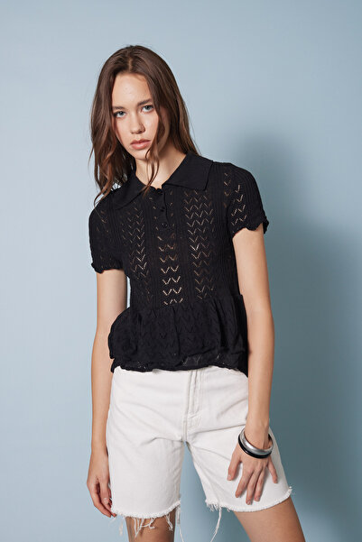 Avrile Firfirli Polo Collar Knitted Blazer Black