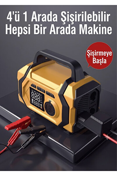 BEKAZE 4000A 35000mAh Hava Kompresörlü Araç Akü Takviye Cihazı Powerbank Kablosuz Lastik Şişirme Pompası Dijital Type-C Hızlı Şarjlı Acil Durum Led Fenerli