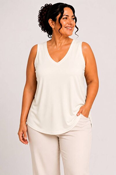 Paw Garage Women's Plus Size Casual Blouse - Front and Back V-Neck Ribbed Tan...
