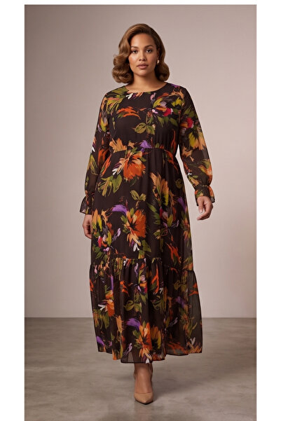 gökçesu Women's Plus Size Long Sleeve Lined Flowy Flounce Long Chiffon Dress