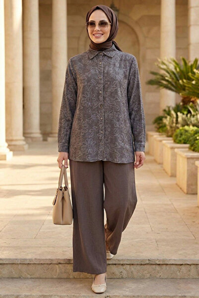 Neva Style Patterned Buttoned Brown Linen Hijab Suit 32104Kh