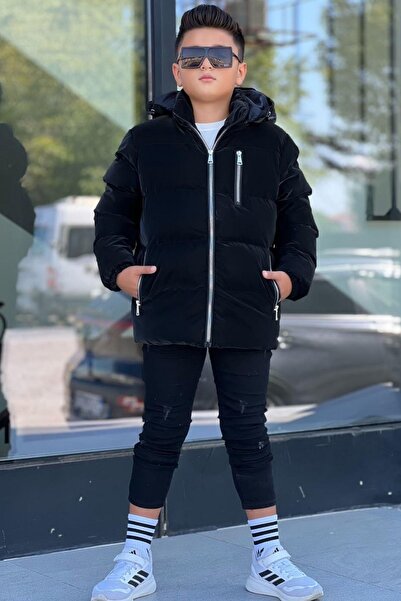 Pina Kids Boys' Black Lined Detachable Hooded Three-Pocket Nova Fabric Winter...