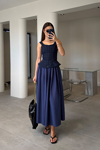 MAGARDE Poplin Skirt with Elastic Waist and Pocket Detail - Dark Blue
