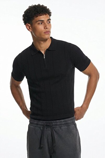 Maccali Tricou polo negru cu dungi pentru bărbați
