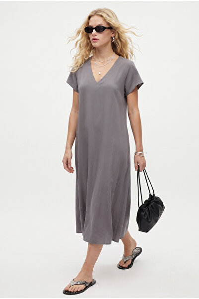 Ritnice Women's Luisa Gray Midi Length Bell Cut Viscose Dress