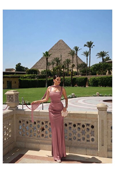 ESRAHELVACI Eh Collection Draped Satin Dress with Shawl Accessory