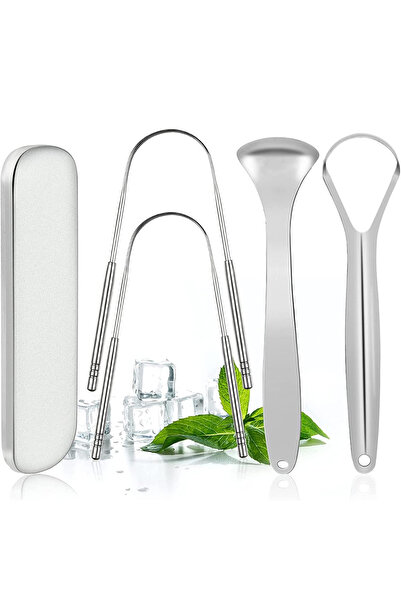 Simply Joy Set of 4 tongue cleaning devices, stainless steel, fresh breath an...