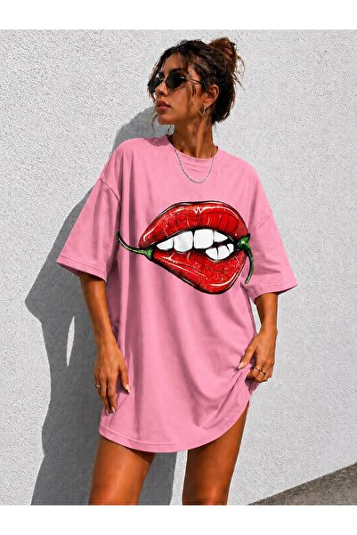 classy moda Women's Lip&Pepper Printed Oversize Crew Neck Tunic T-Shirt