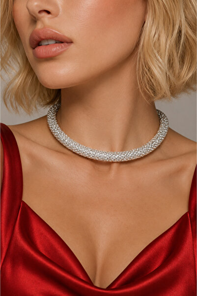 Valmont Zirkon Taşlı Işıltılı Choker Kolye – Kristal Taşlı Şık Boyunluk Kadın...