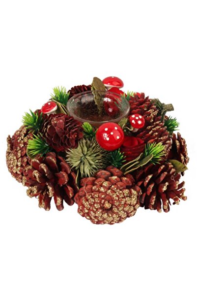 Goliat Sfeșnic-candelabru cu conuri de brad naturale și lemn, 28 cm, cu recip...