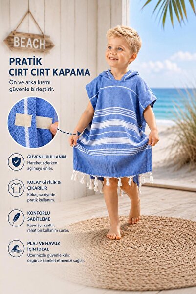 zenginhome ÇOCUK BORNOZ-PANÇO PEŞTEMAL PLAJ HAVLUSU %100 PAMUK-MAVİ