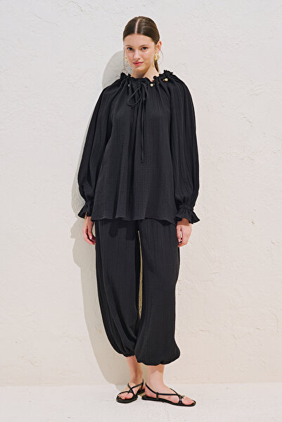 Manuka Ruched Collar Muslin Blouse Black