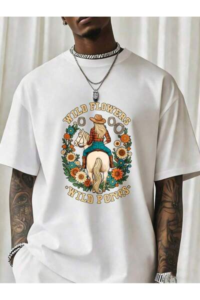 Ekim11 Flowers Wild Ponys Cowgirl Riding Horse Floral Design T ShirtFun Stamp...