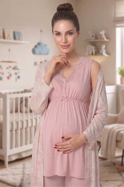 Lohusa Dünyasi Women's Powder Lace Patterned New Season 3-Piece Maternity Paj...