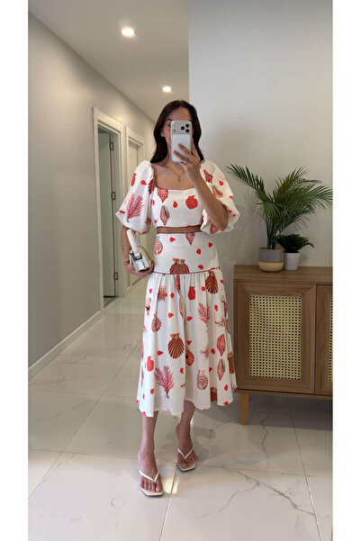 BİRCANÇİL Jingre Ecru Balloon Sleeve Patterned Blouse Skirt Set