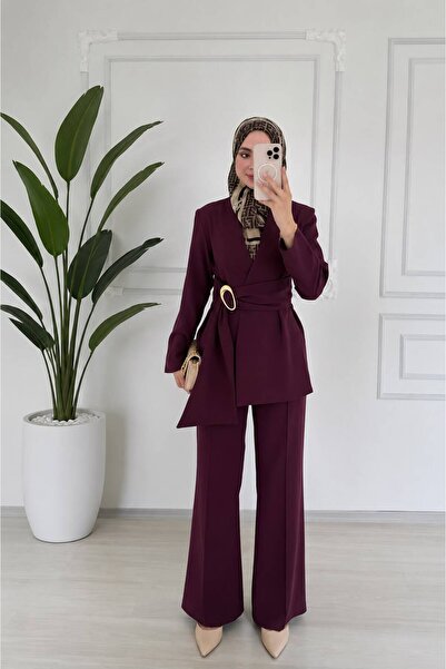 onlymoon Mürdüm Kuşak Detaylı Kruvaze Ceket Pantolon Takım | Kemer Tokalı Uzu...