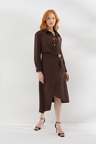ONNO PRIVE Buckle Detailed Long Sleeve Brown Dress