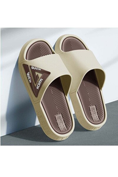 Aethvive Men Khaki Brown EVA Sport Slide Slippers, Triangle Graphic Anti Slip...