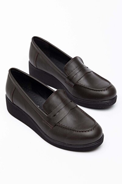 Dilimler Ayakkabı Large Size Women's Wedge Heeled Casual Shoes Brown Belted M...