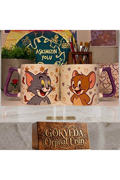 D&Y GAUDERY Gökyeda Tom ve Jerry Tasarımlı Eğlenceli Çift Kupa Bardak Mor Kul...