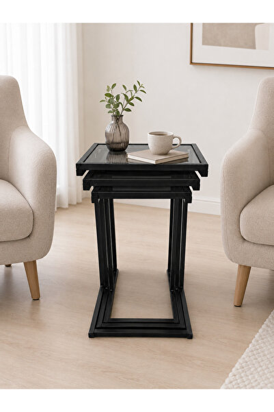 AVİBO HOME Arven 3’lü Zigon Sehpa Füme Camlı Siyah Metal Ayaklı Modern Koltuk...