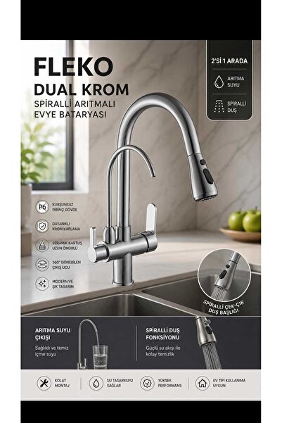 FLEKO BATARYA Dual Krom Spiralli Arıtmalı Mutfak Evye Bataryası