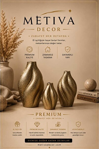 METİVA Dekoratif 3'lü Gold Vazo Seti Lüks (10-15-20 cm) - Salon Ve Masa Üstü ...