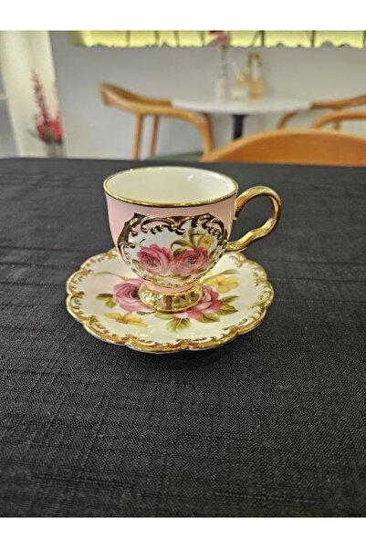 MİMSEGÜN DEKOR Hand Painted Quality Coffee Cup with Gold Details and Pink Roses