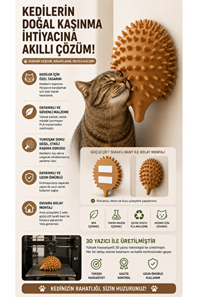 Lotus Creative Duvara Monte Kedi Kaşıma Aparatı Kirpi Tasarımlı 3D Baskı Kend...