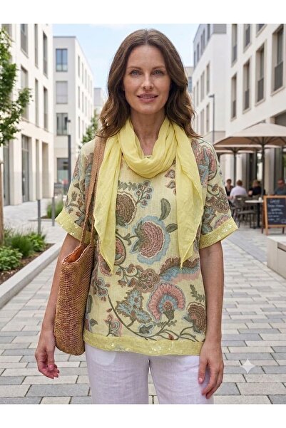AYASOFYA OTANTIK Women's Italian Sprout Flower Patterned Loose Blouse with Se...