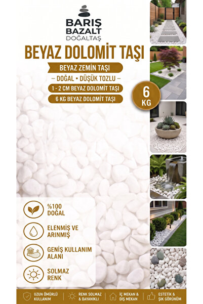 Barış bazalt doğaltaş Beyaz Dolomit Taşı 1-2 cm 6 KG - Dolomit Taşı Doğal Dek...