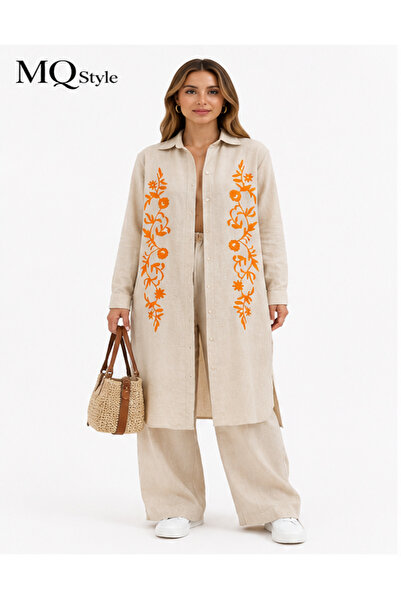 MQ Linen Set, 2 Pieces, Long Cardigan, Embroidered, Wide Leg Pants, Modest We...