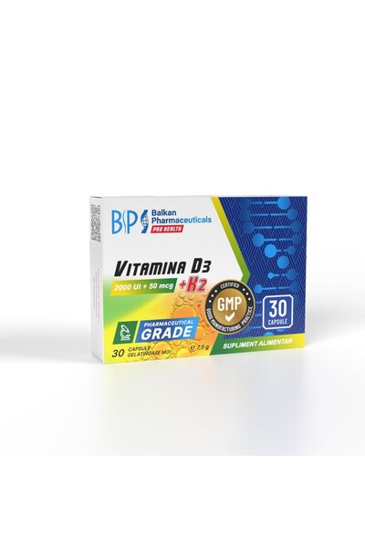 Balkan Vitamin D3 + K2, 2000IU + 50mcg, 30 caps.