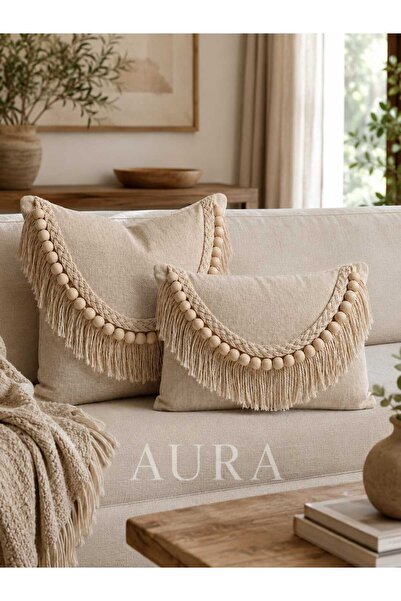 Handmade AURA Bohem Tarz Ahşap Boncuk ve Püskül Detaylı Keten Dokulu Dekorati...