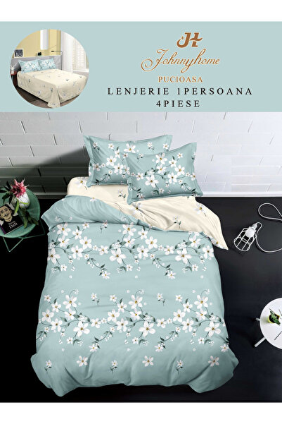 Pucioasa Set lenjerie de pat 4 piese, bumbac, model floral turcoaz și alb-P134
