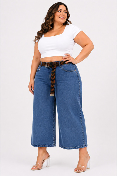 ZANESSI Plus Size High Waist Knitted Belt Pocket Wide Leg Denim Women's Pants