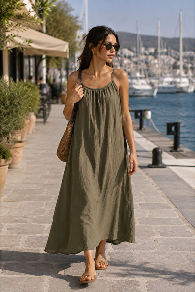 Combout Women's Tencel Look Flowy Long Dress with Adjustable Straps