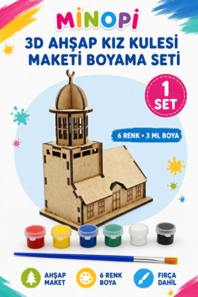 Minopi 3D Ahşap Kız Kulesi Maketi Boyama Etkinlik Aktivite Seti 6 Renk Boya v...