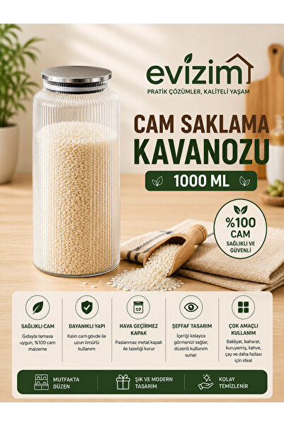 Evizim 1000 ML Cam Saklama Kavanozu Metal Kapaklı Vakumlu Erzak ve Kahve Kabı