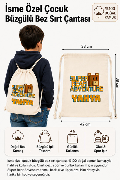 Morinna Kişiye Özel İsimli Super Bear Adventure Baskılı Çocuk Bez Sırt Çantas...