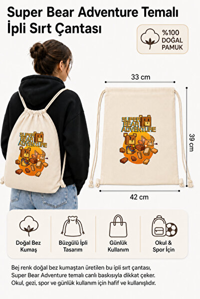 Morinna Super Bear Adventure Baskılı Çocuk Bez Sırt Çantası Büzgülü Okul Spor...