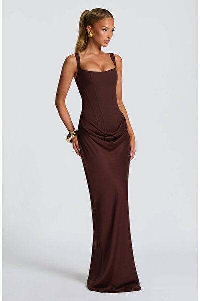 maf collection Women's Thick Strap Brown Square Neck Front Draping Detail Tie...