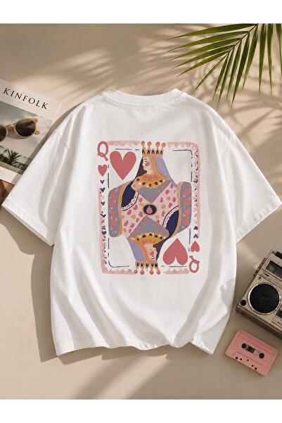 SB BİANCO تي شيرت فاخر كبير الحجم مطبوع عليه Queen of Hearts Playing Card Gir...