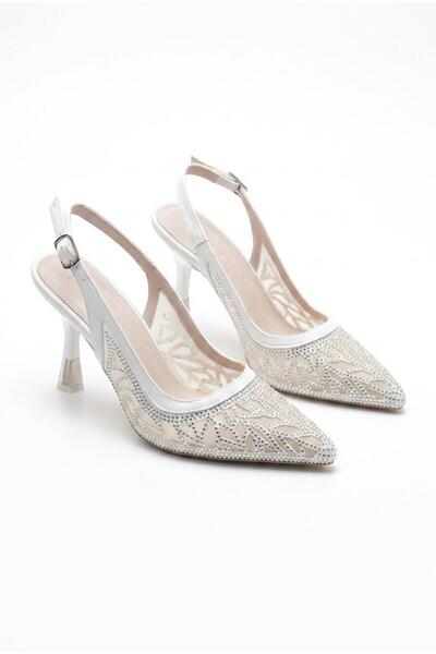 fort 086-7034 Tulle Laser Cut Stone Embroidered 8 cm Heeled Women's Shoes