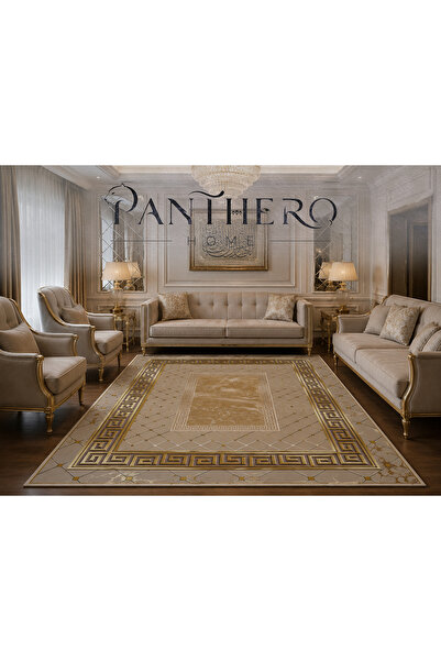 Panthero Home Gold Mermer Yunan Bordür Desenli Kaymaz Taban Süngerli Yıkanabi...