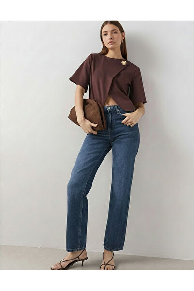 Merlot Asymmetrical Button Detail Short Sleeve Blouse