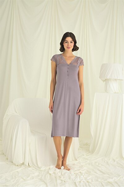 MONAMİSE Gray Lace Button-Down Nightgown, Women's Short-Sleeved Viscose Home ...