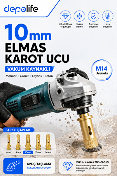 Depolife 10 mm M14 Vakum Kaynaklı Elmas Karot Ucu Mermer Granit Fayans Beton ...