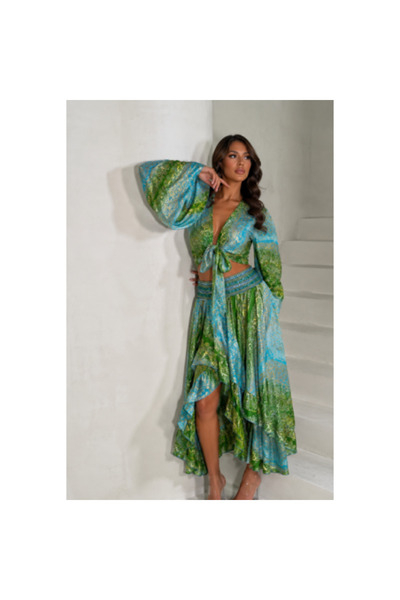 FeteRL Set BOHO Seda Asimetric Albastru și Verde